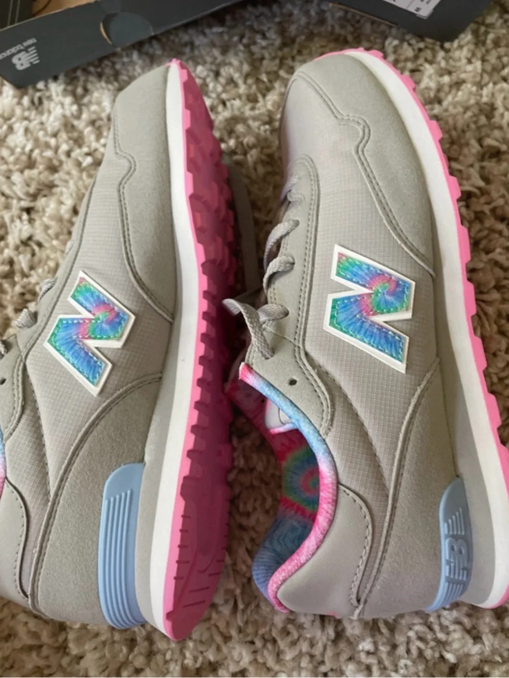 New Balance Kids Gray Sneakers with Pink and Tie-Dye Accents